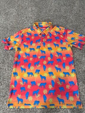 Chubbies Orange and Red Polo with Blue Wolf & Lime Palm Print Size Large